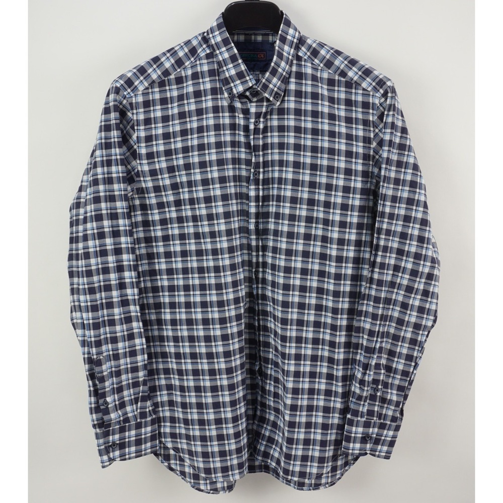 Officina 474 Broadcloth Woven Plaid Men's XL Long Sleeve Blue Button Down Shirt